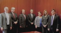 Judge David Houston, III (center) and members of the Mississippi Bankruptcy Conference (represented by Terre Vardaman and Kristina Johnson) pictured with law school representatives (from left) Matthew Hall, senior associate dean for academic affairs, Professor John Czarnetzky, Richard Gershon, dean, and Professor Mercer Bullard.